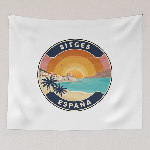 Item preview, Sitges España: Coastal Skyline & Twin Palm Sunset Badge designed and sold by CircinusStore.