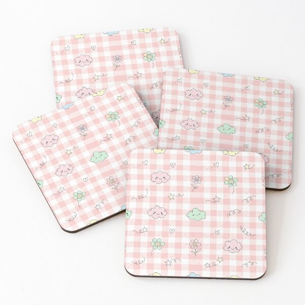 Item preview, Kawaii Clouds Stars and Flowers on Pink Gingham Pattern designed and sold by unique0703.