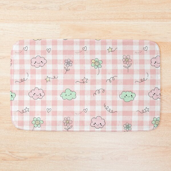 Item preview, Kawaii Clouds Stars and Flowers on Pink Gingham Pattern designed and sold by unique0703.
