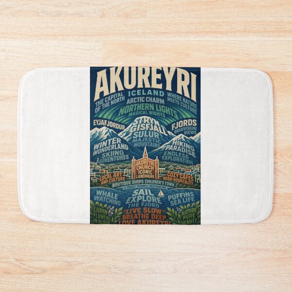Item preview, Akureyri Iceland Northern Lights Eyjafjordur and Akureyrarkirkja Arctic Fjord Destination designed and sold by Places On Earth.