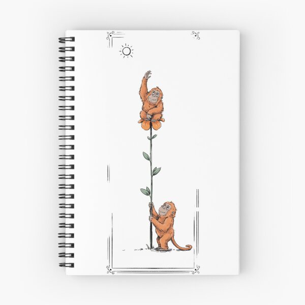 Item preview, two furry orangutan monkeys with orange fur, sitting on and standing beside a tall, thin plant with small green leaves. designed and sold by 123ks.