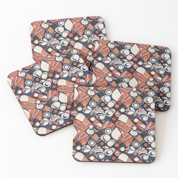 Item preview, Geometric abstract pattern design,  accented by coral red, navy, and ivory in a serene, balanced layout 3 designed and sold by Habatour Creations Exclusive Digital Art Products.