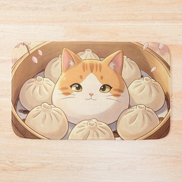 Item preview, Big Cat Dumpling in Bamboo Steamer – Kawaii Sakura Bun Illustration designed and sold by EmeraldeaArt.