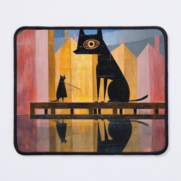 Item preview, Big Dog Little Cat Fishing Art Print | Moonlit Pier Painting | Pink and Gold Wall Art designed and sold by ThingsCatsDo.