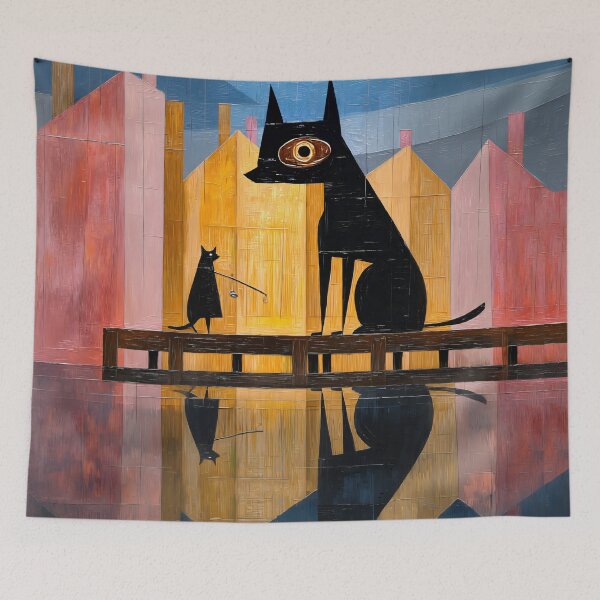 Item preview, Big Dog Little Cat Fishing Art Print | Moonlit Pier Painting | Pink and Gold Wall Art designed and sold by ThingsCatsDo.