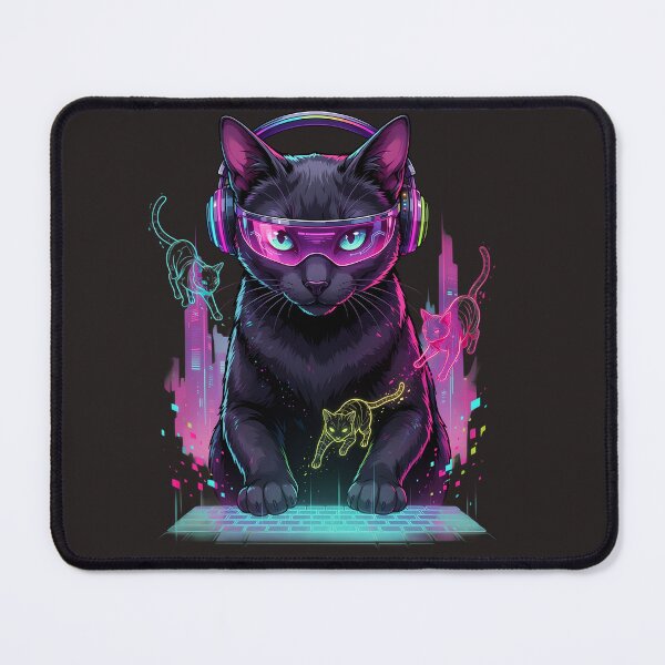 Item preview, Cyberpunk Black Cat | Neon Futuristic Gaming Cat Synthwave Design designed and sold by PatsiRose.
