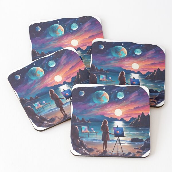 Item preview, Cosmic Artisan Woman Painting Galaxy on Moonlit Ocean Beach designed and sold by UmSkelig834.