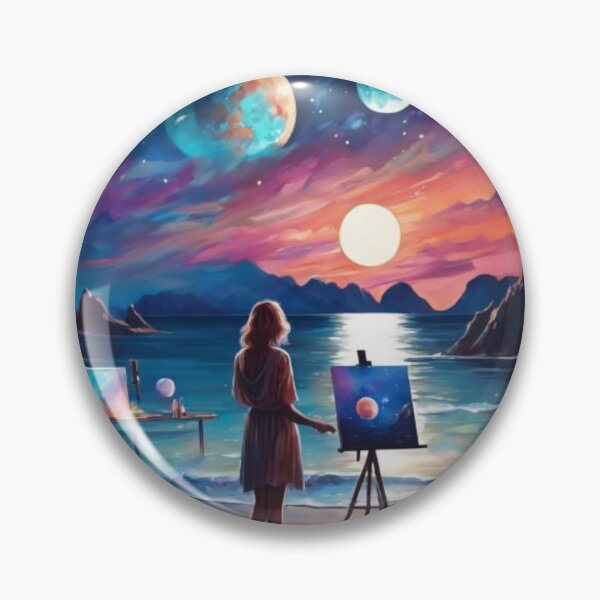 Item preview, Cosmic Artisan Woman Painting Galaxy on Moonlit Ocean Beach designed and sold by UmSkelig834.