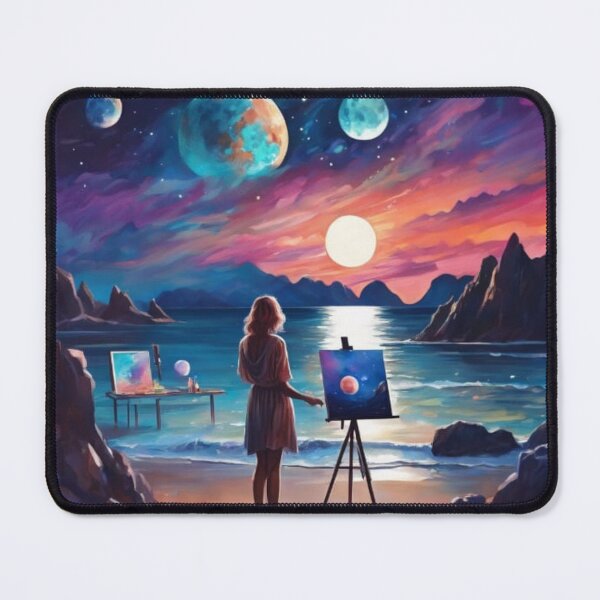 Item preview, Cosmic Artisan Woman Painting Galaxy on Moonlit Ocean Beach designed and sold by UmSkelig834.