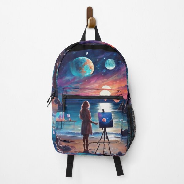 Item preview, Cosmic Artisan Woman Painting Galaxy on Moonlit Ocean Beach designed and sold by UmSkelig834.