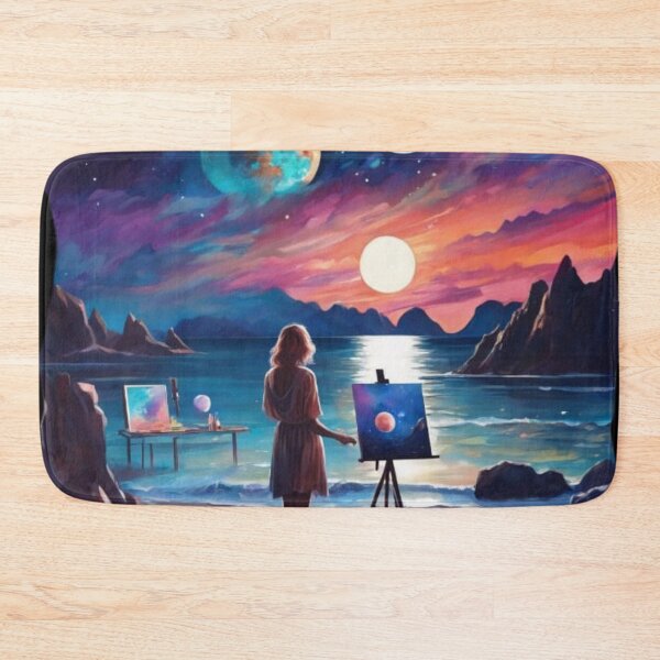 Item preview, Cosmic Artisan Woman Painting Galaxy on Moonlit Ocean Beach designed and sold by UmSkelig834.