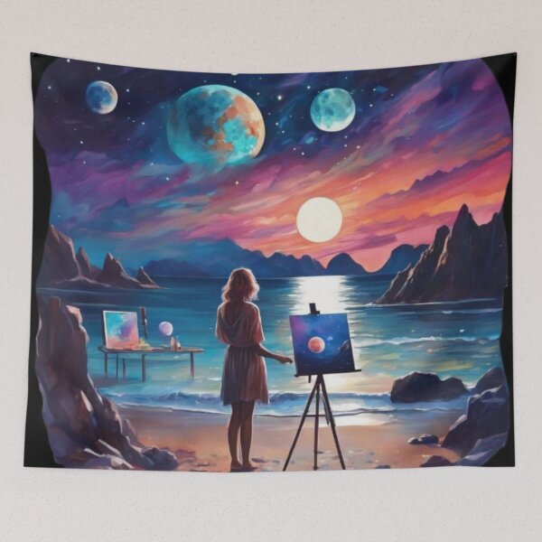 Item preview, Cosmic Artisan Woman Painting Galaxy on Moonlit Ocean Beach designed and sold by UmSkelig834.