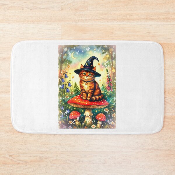 Item preview, Magical Whimsical Witch Cat on Giant Mushroom Art designed and sold by Artgirldhanya.
