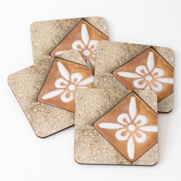 Item preview, Terracotta Floral Tile With White Flower Motif Set in Pebbled Concrete Pavement designed and sold by Nmallia.