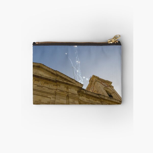 Item preview, Historic Church Clock Tower With Fireworks Over Stone Facade Captured From Low Angle Perspective designed and sold by Nmallia.