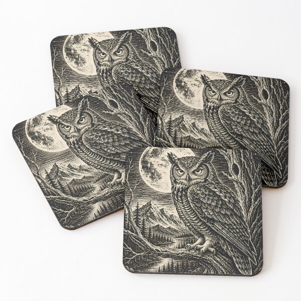 Item preview, Moonlit Owl – Linocut Woodcut Vintage Night Illustration designed and sold by Wennity.