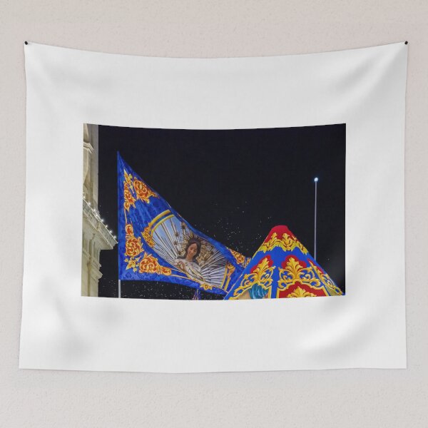 Item preview, Ornate Blue and Gold Religious Banner With Virgin Mary Image During Night Procession Celebration designed and sold by Nmallia.