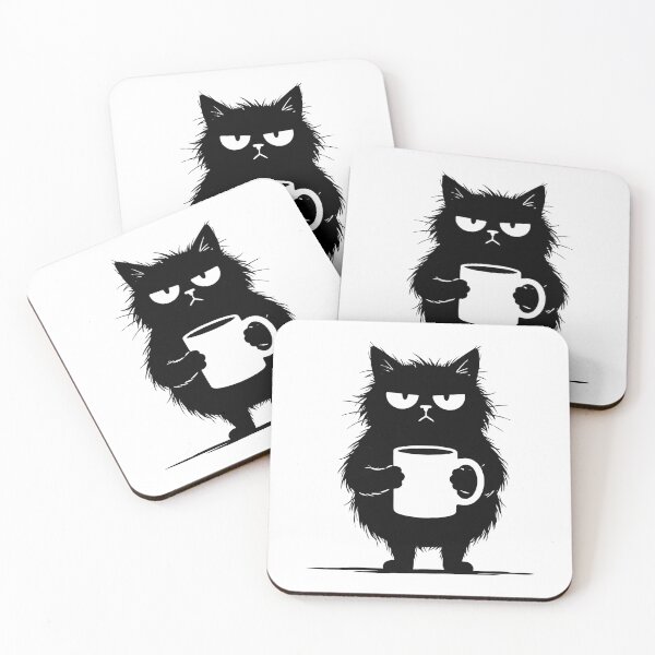 Item preview, Grumpy Black Cat Holding Coffee Mug designed and sold by HometownCozyCo.