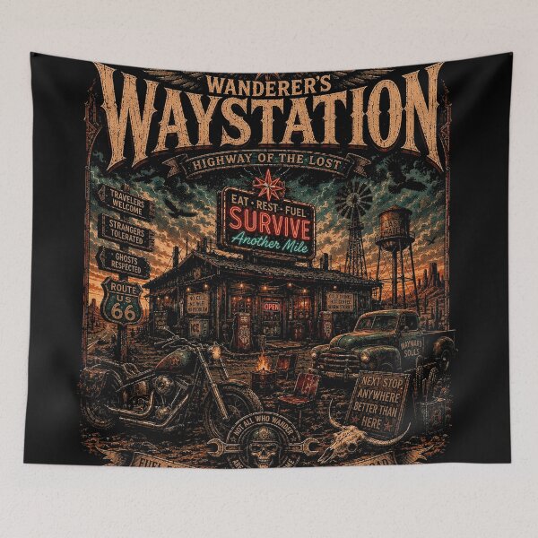 Item preview, WANDERER’S WAYSTATION | Vintage Roadside T-Shirt | Highway Of The Lost | RetroCrypt Studio designed and sold by RetroCrypt Studio.
