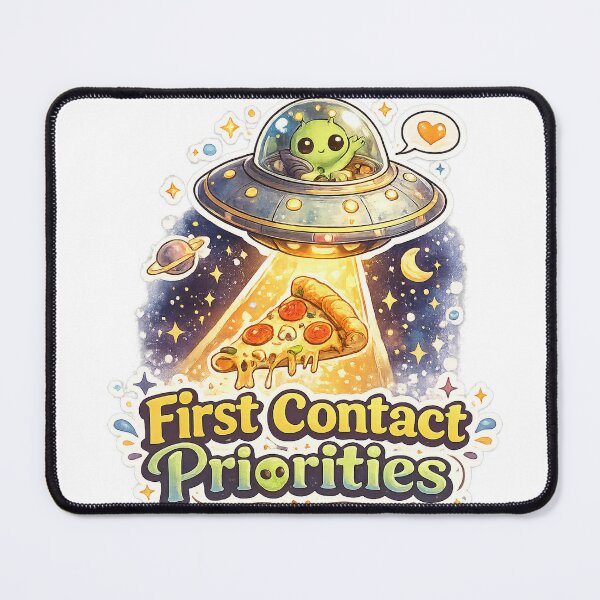 Item preview, First Contact Priorities – Cute UFO Pizza Alien Funny Cartoon T-Shirt designed and sold by NarpLTD.