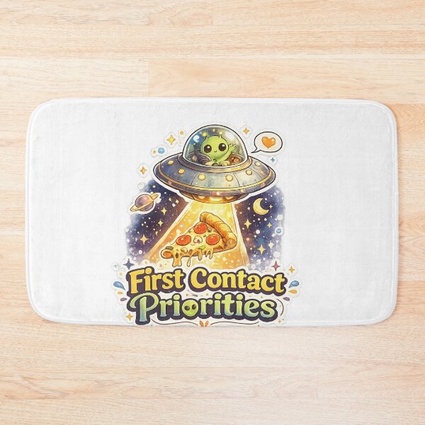 Item preview, First Contact Priorities – Cute UFO Pizza Alien Funny Cartoon T-Shirt designed and sold by NarpLTD.
