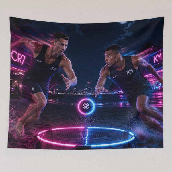 Item preview, Ronaldo and Mbappe Cyberpunk Neon Spikeball Night designed and sold by mo-carnival.