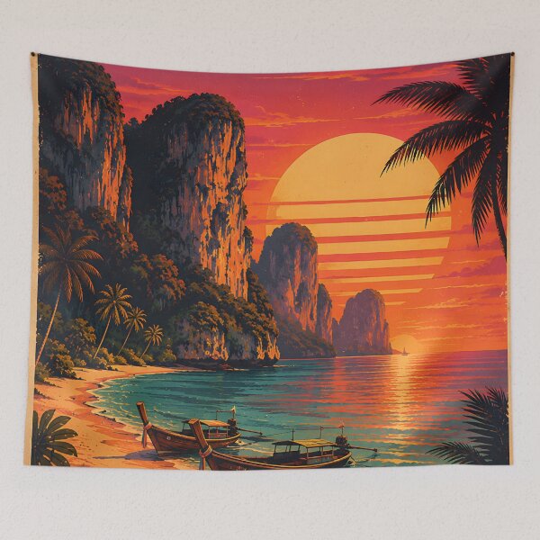 Item preview, Railay Beach Retro Sunset Poster Thailand Tropical Beach Art designed and sold by Spirit of Siam.