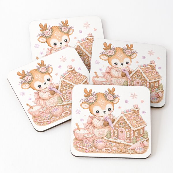 Item preview, Cute Reindeer Decorating Gingerbread House | Kawaii Cottagecore Christmas Baking Pastel Holiday Illustration designed and sold by looplandger.