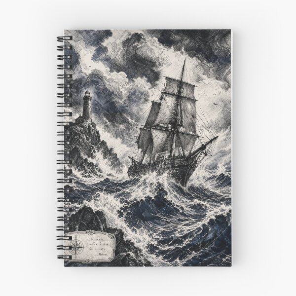 Item preview, Stormy Sea Ship – Maritime Ink Illustration in Black, White & Indigo designed and sold by Jandedan.