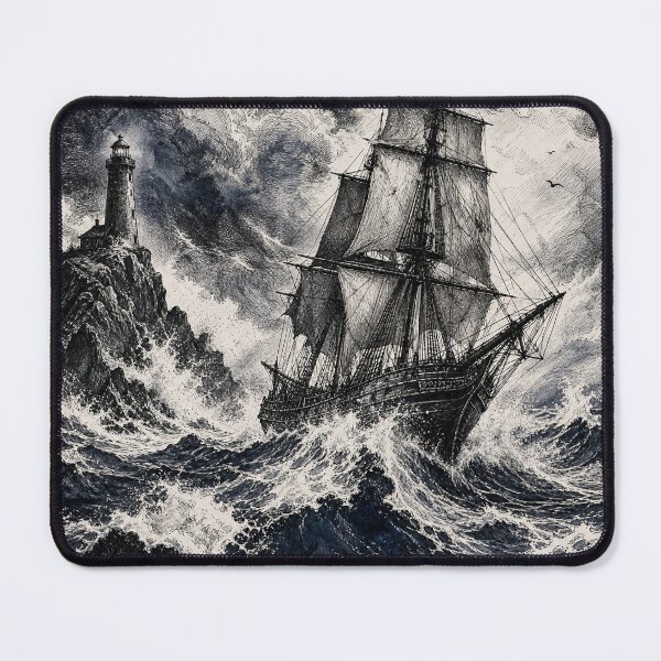 Item preview, Stormy Sea Ship – Maritime Ink Illustration in Black, White & Indigo designed and sold by Jandedan.