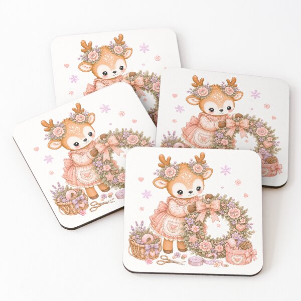 Artikelvorschau, Cute Reindeer Decorating Christmas Wreath | Kawaii Cottagecore Floral Holiday Wreath Pastel Christmas Illustration entworfen und verkauft von looplandger.