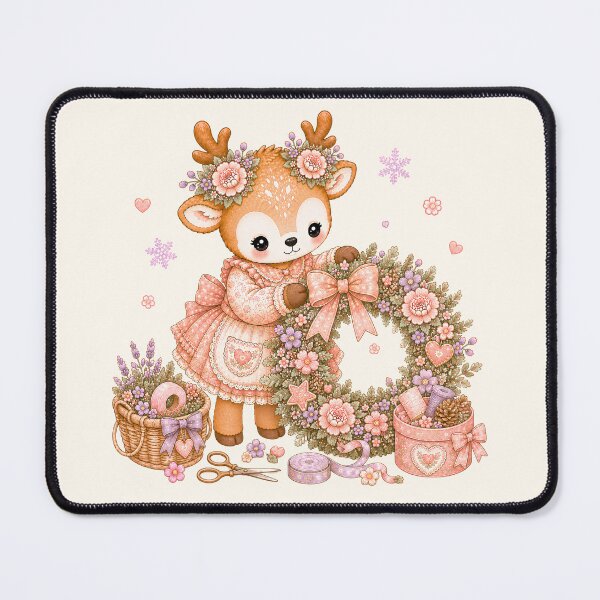Item preview, Cute Reindeer Decorating Christmas Wreath | Kawaii Cottagecore Floral Holiday Wreath Pastel Christmas Illustration designed and sold by looplandger.