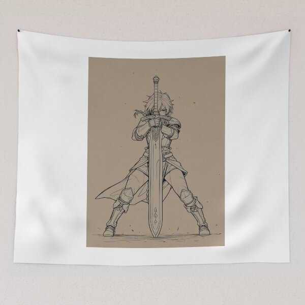 Item preview, Illustration - Manga Fantasy Warrior, Black Line Character Design on Beige Background designed and sold by AnimeShin.