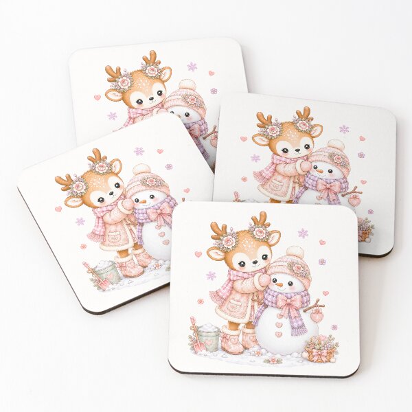 Artikelvorschau, Cute Reindeer Building Snowman | Kawaii Cottagecore Winter Christmas Friends Pastel Holiday Illustration entworfen und verkauft von looplandger.