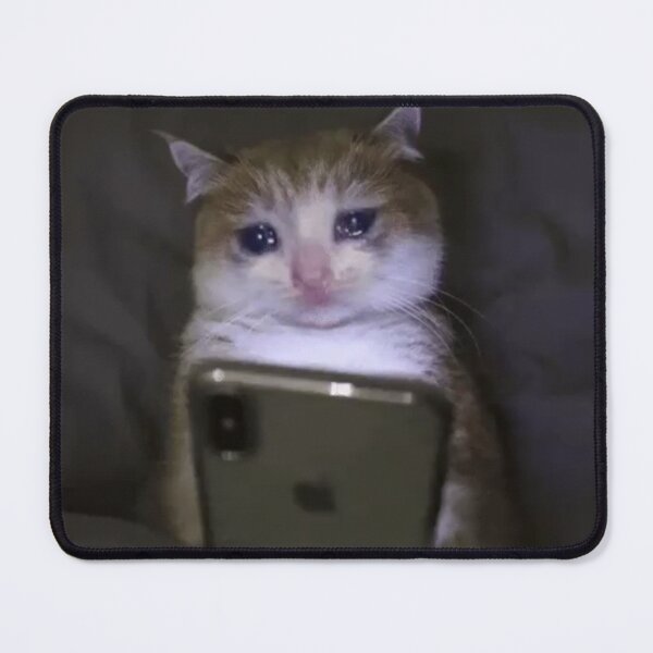 Item preview, sad cat holding phone meme designed and sold by cloudzer0000.