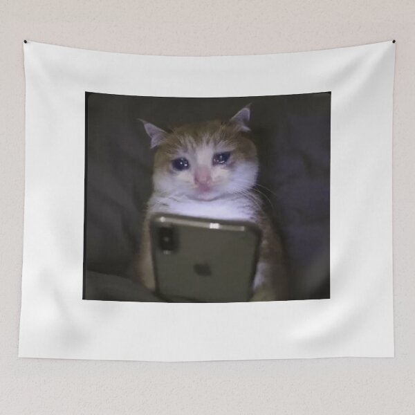 Item preview, sad cat holding phone meme designed and sold by cloudzer0000.