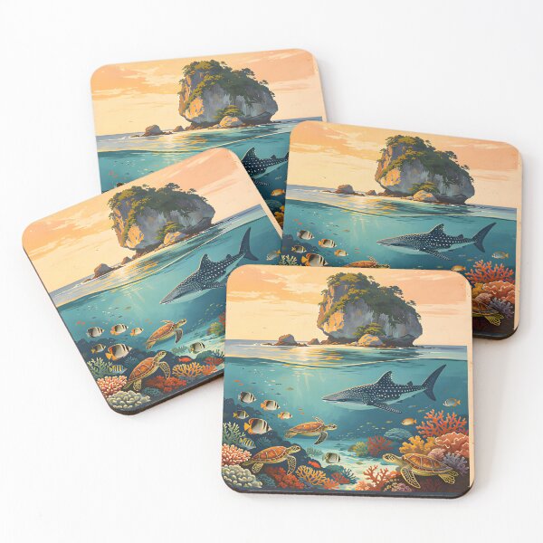 Item preview, Retro tropical sunset poster illustration of Richelieu Rock, Andaman Sea, Thailand. designed and sold by Spirit of Siam.