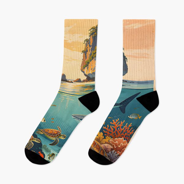 Item preview, Retro tropical sunset poster illustration of Richelieu Rock, Andaman Sea, Thailand. designed and sold by Spirit of Siam.