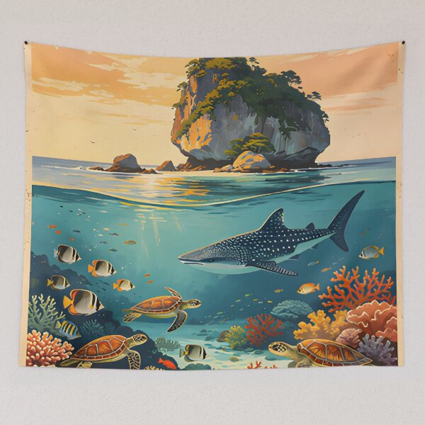 Item preview, Retro tropical sunset poster illustration of Richelieu Rock, Andaman Sea, Thailand. designed and sold by Spirit of Siam.
