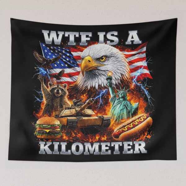 Item preview, Funny American Patriot Eagle Meme WTF Is A Kilometer Patriotic USA Flag designed and sold by ObukiLantara.