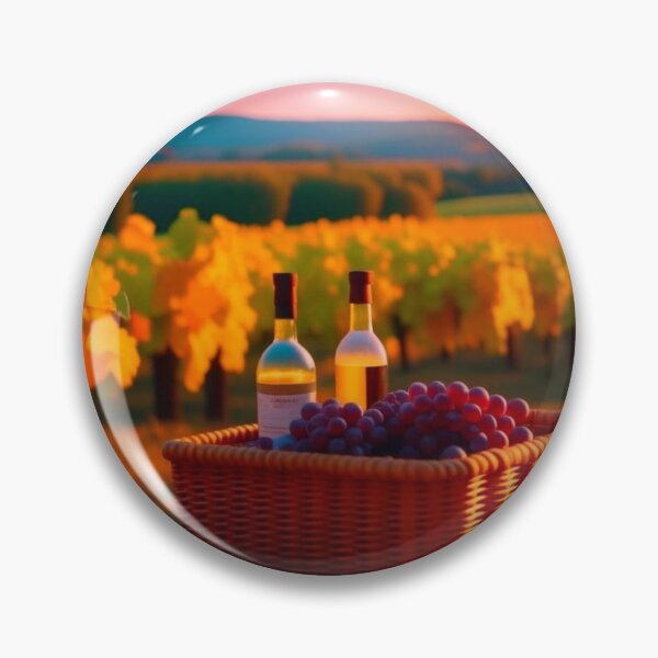 Artikelvorschau, Gemälde: Picknick im Weinberg bei Sonnenuntergang – Weinflaschen und Trauben entworfen und verkauft von UmSkelig834.