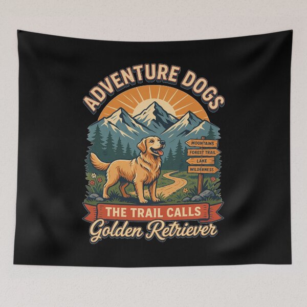 Item preview, Adventure Dogs – The Trail Calls | Golden Retriever Vintage Hiking designed and sold by No Excuses Supply.