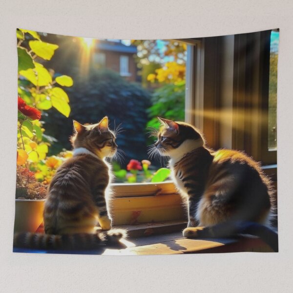 Item preview, Sunlit Window Cats Sitting on Windowsill Golden Hour Painting designed and sold by UmSkelig834.