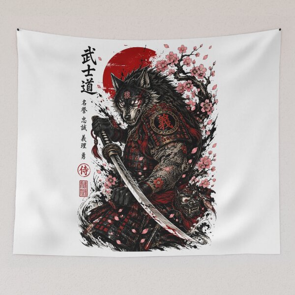 Item preview, Bushido Wolf Samurai - Japanese Warrior Art with Cherry Blossoms & Red Sun designed and sold by SupernovaNote.