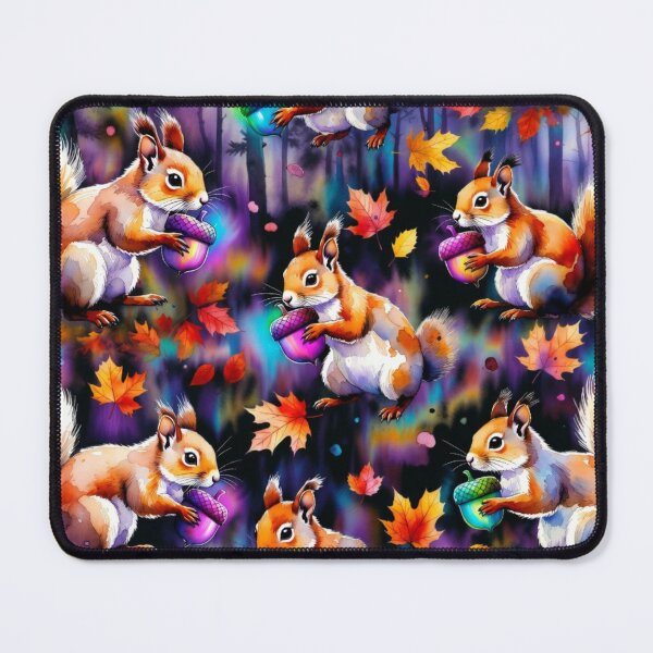 Item preview, Neon Watercolor Squirrels with Glowing Acorns in Forest designed and sold by IntelliMindDesigns.