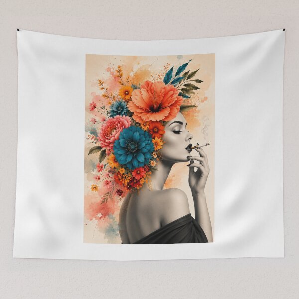 Item preview, Floral Woman Smoking Watercolor Colorful Flowers Black and White Wall Art designed and sold by Leogasup.