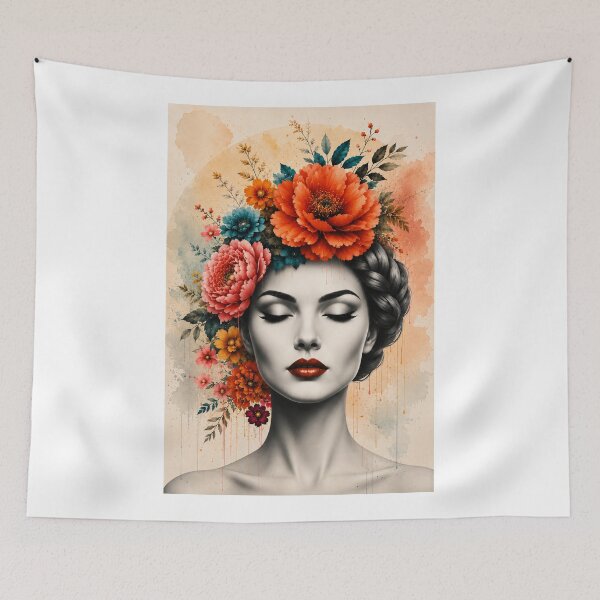 Item preview, Floral Woman Braided Hair Drip Watercolor Colorful Flowers Wall Art Print designed and sold by Leogasup.