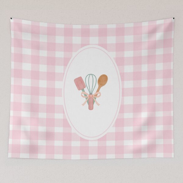 Item preview, Blush gingham kitchen utensils print designed and sold by Zestypickles.