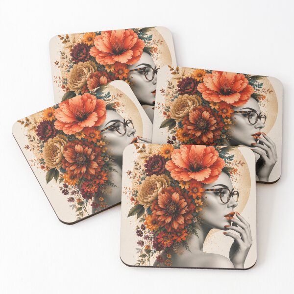 Item preview, Floral Woman Glasses Autumn Flowers Golden Circle Wall Art Print designed and sold by Leogasup.