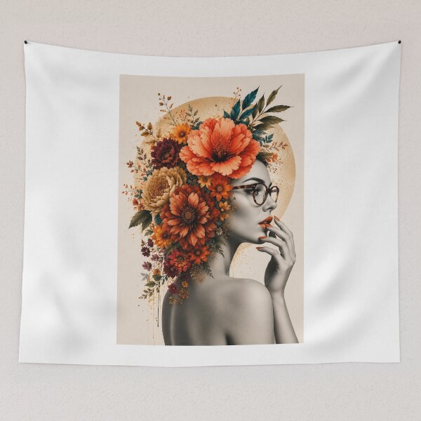 Item preview, Floral Woman Glasses Autumn Flowers Golden Circle Wall Art Print designed and sold by Leogasup.